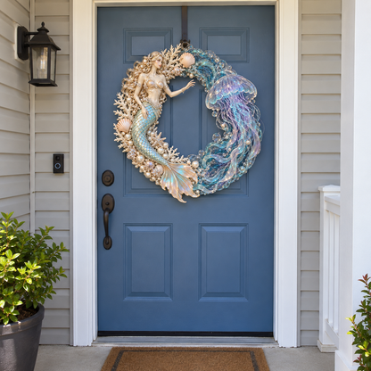 🌊🧜‍♀️ Mermaid & Jellyfish Glow Wreath – Lighted Coastal Decor