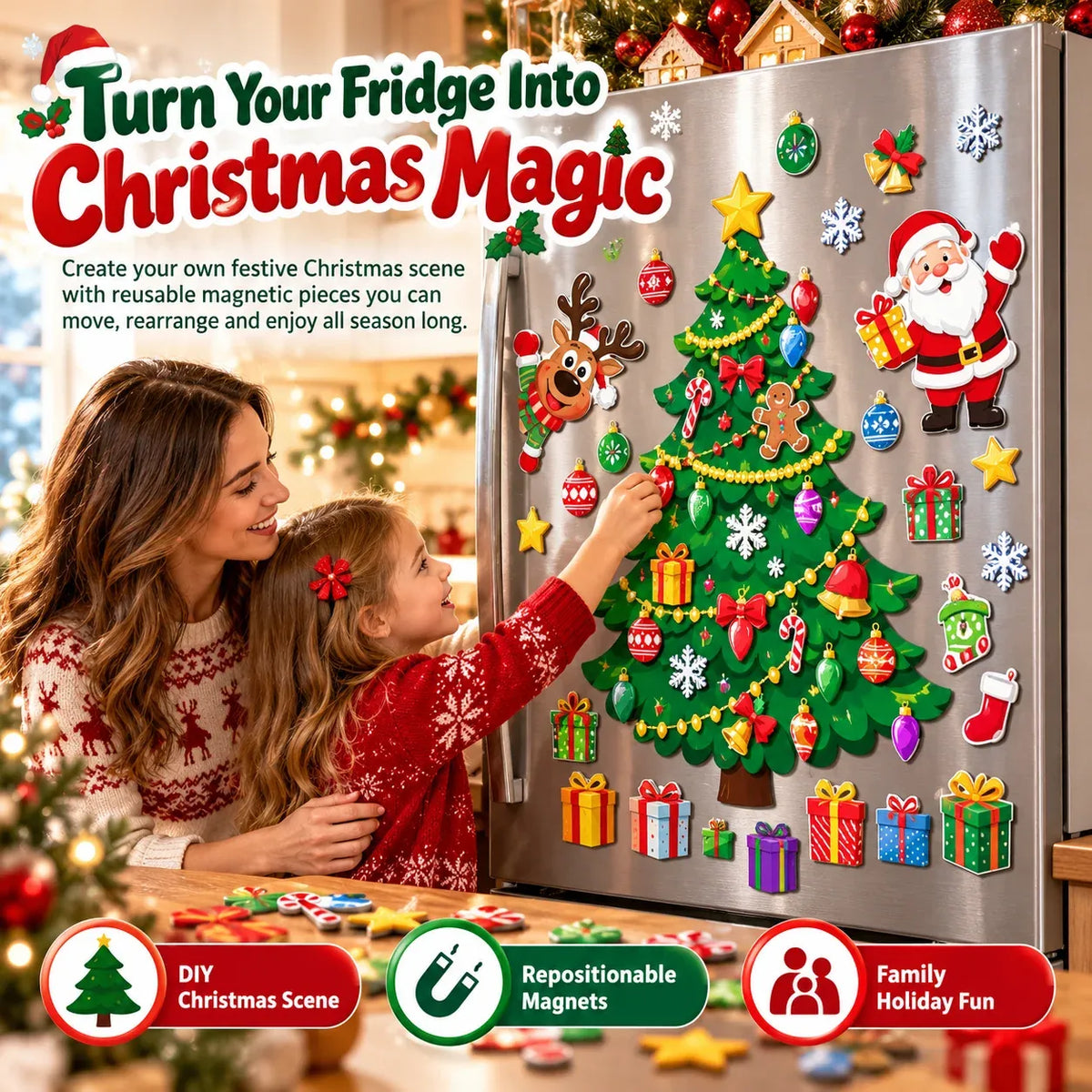 ⏳ Last Day 49% OFF – 🎅 Build Christmas on the Fridge | Reusable Magnetic Tree Set