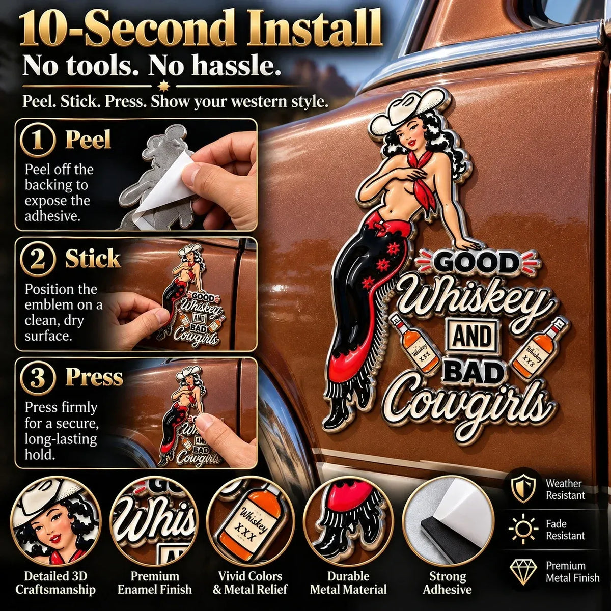 🤠 Whiskey & Wild Cowgirls | Rustic Western Car Badge
