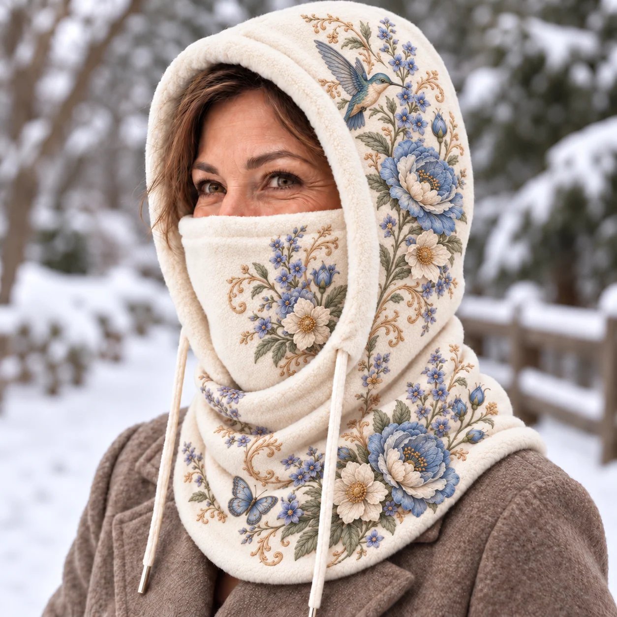 White winter hood with blue floral and bird design