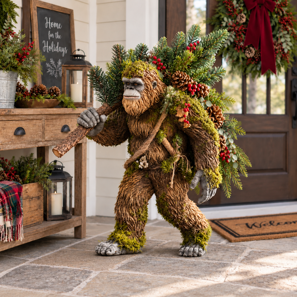 🎄 👣 Woodland Bigfoot Christmas Decor – Carrying a Lighted Tree
