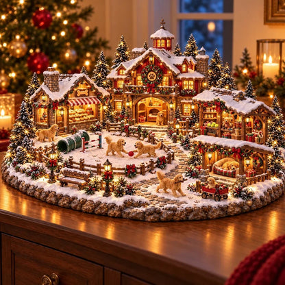 🐶🏠 Village de Noël des Golden Retrievers – Scène illuminée pour les amoureux des chiens