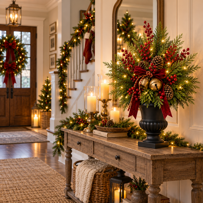 🎄🔔 Evergreen Bell Glow™ | 24" Pre-Lit Christmas Urn Filler with Berries & Pinecones