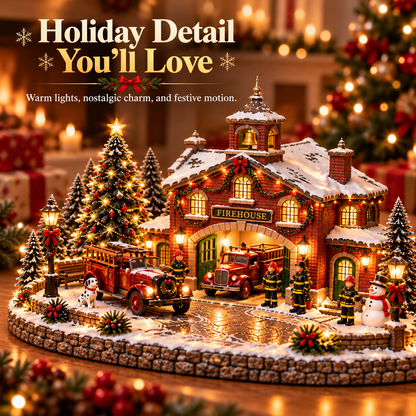 🚒🎄 Christmas Firehouse Village – Lighted Holiday Display with Vintage Fire Trucks