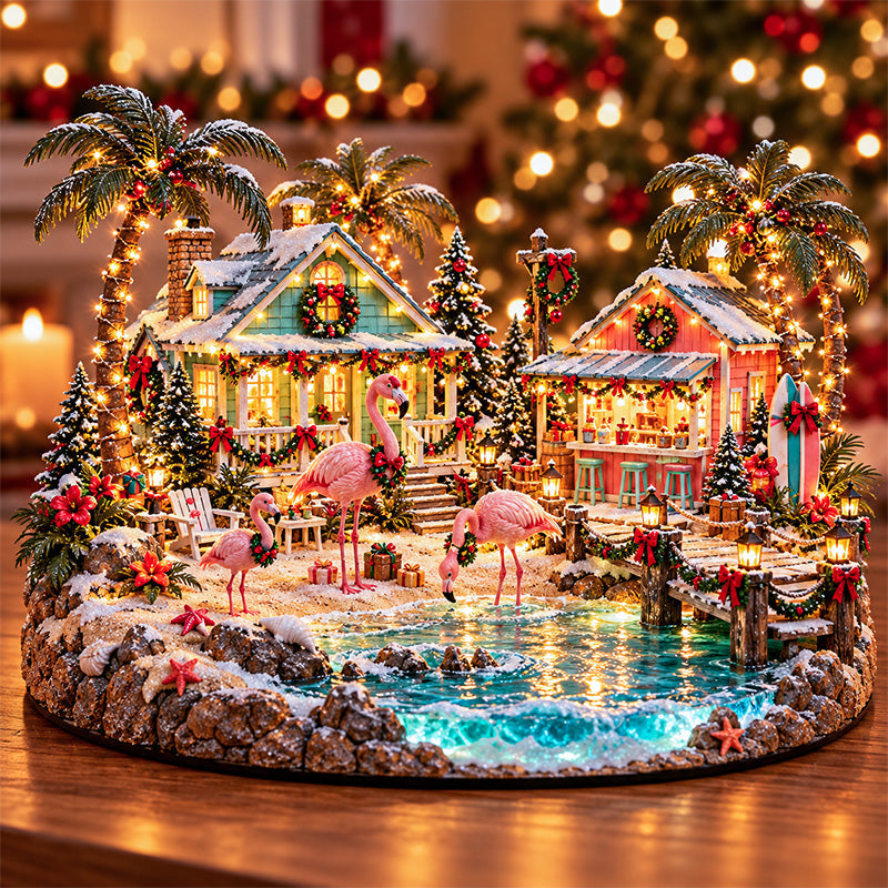 🎄🦩 Pink Flamingo Christmas Village – Lighted Coastal Holiday Scene