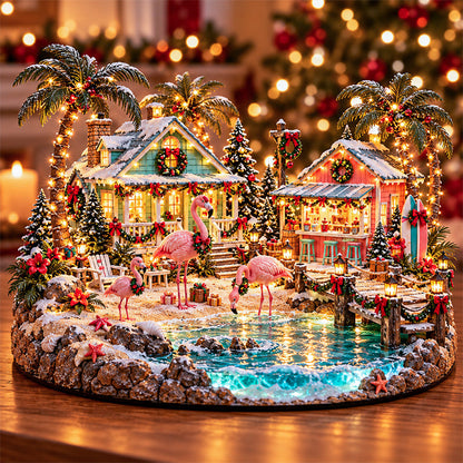 🎄🦩 Pink Flamingo Christmas Village – Lighted Coastal Holiday Scene