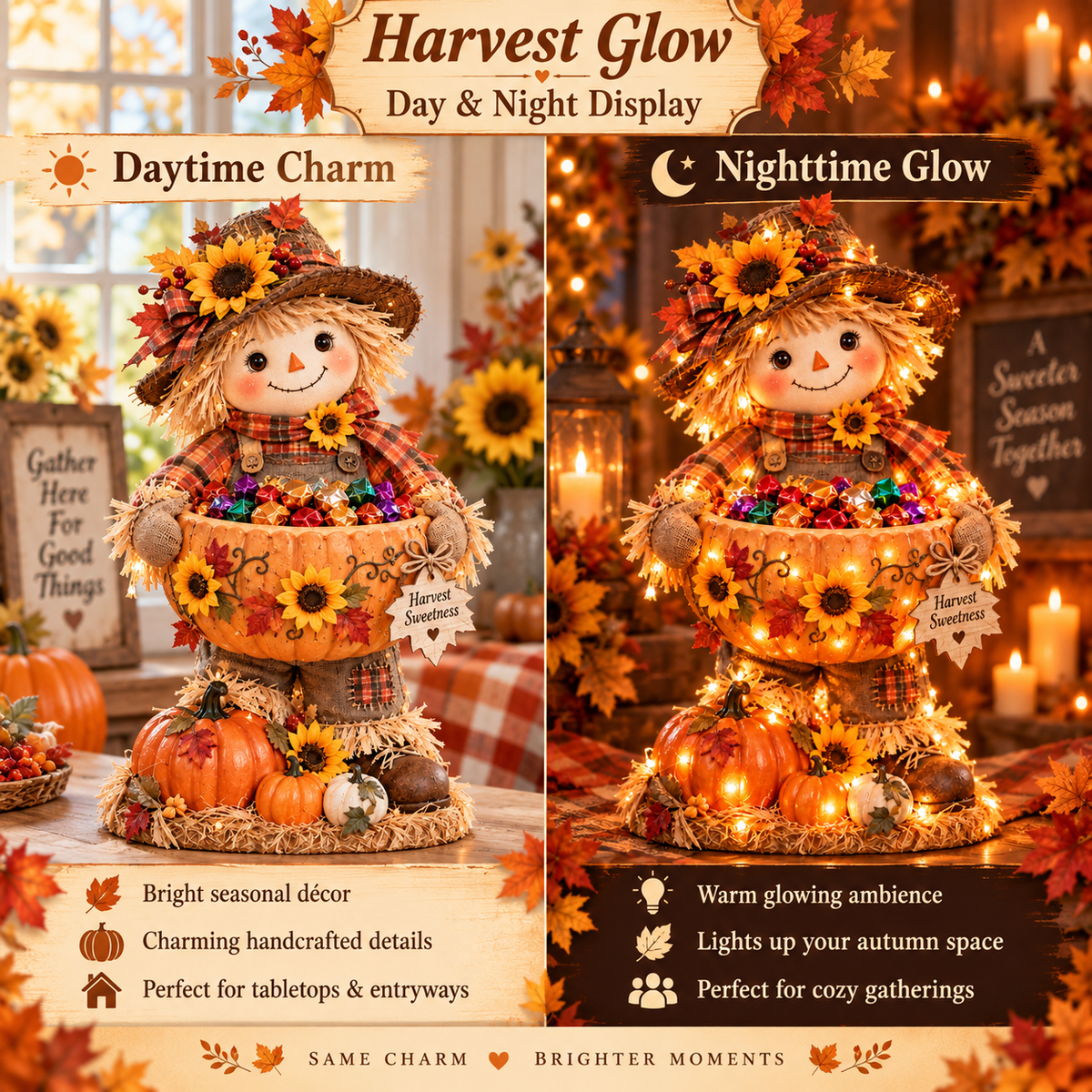 Harvest Glow daytime and nighttime comparison