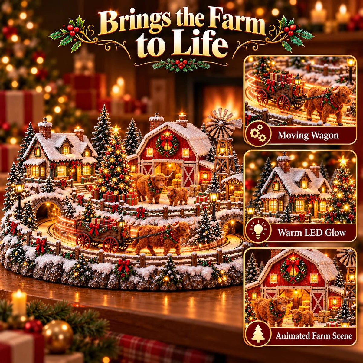 ✨🐮 Lighted Highland Cow Farm Village — Holiday Decor with Warm Lighting