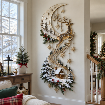 🌙🦌 Moonlit Reindeer Christmas Wall Light ✨ Cozy Winter Cabin & Cascading Stars