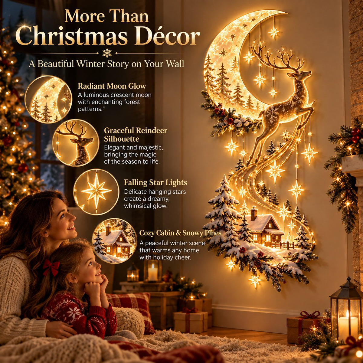 🌙🦌 Moonlit Reindeer Christmas Wall Light ✨ Cozy Winter Cabin & Cascading Stars