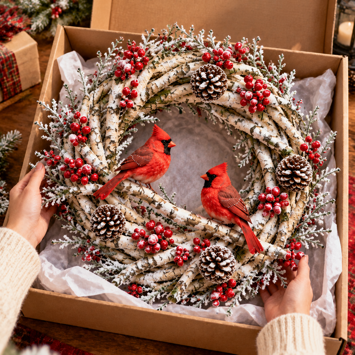 🔥 LAST DAY 49% OFF 🔥 Snowy Birch Cardinal Wreath™ – Lighted Christmas Door Wreath with Paired Red Cardinals, Berries & Pinecones ❤️🎄✨