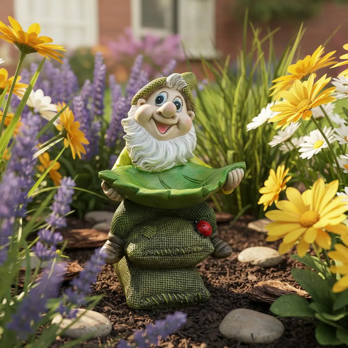 🍃🐦 Garden Gnome Bird Butler™ | Whimsical Leaf Bird Feeder Statue