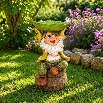 🍃🐦 Garden Gnome Bird Butler™ | Whimsical Leaf Bird Feeder Statue