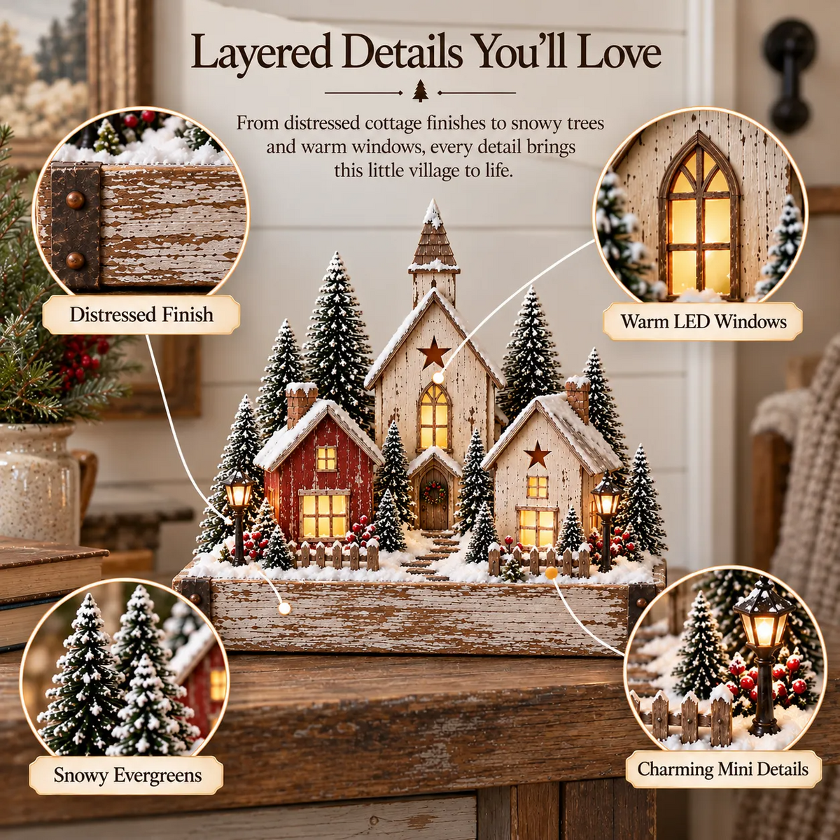 🎄✨ Lighted Farmhouse Christmas Village – Cozy LED Holiday Tabletop Decor