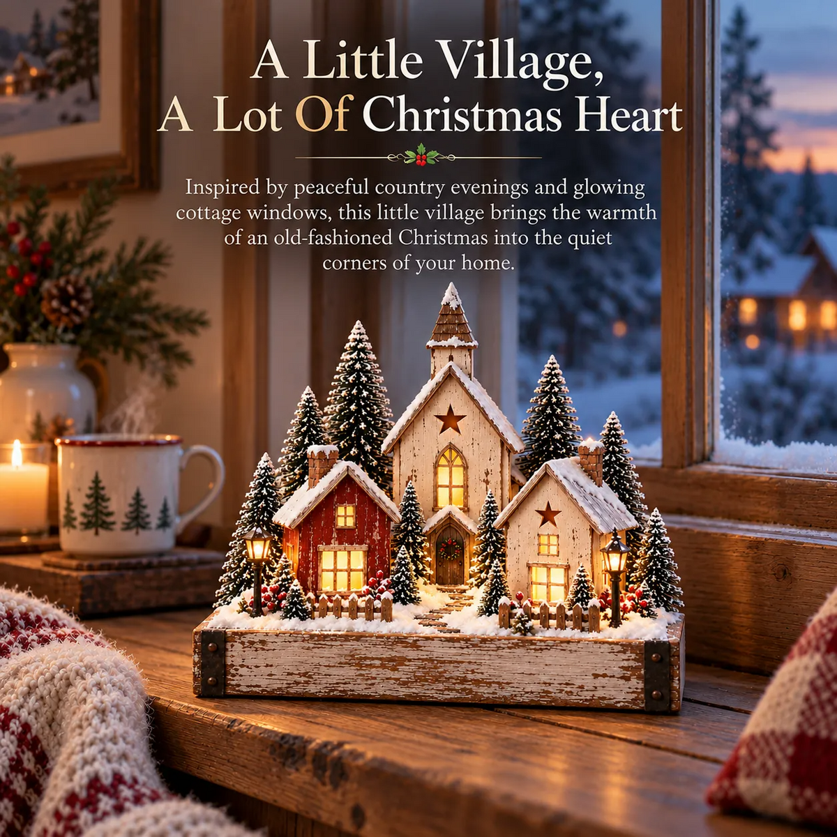 🎄✨ Lighted Farmhouse Christmas Village – Cozy LED Holiday Tabletop Decor