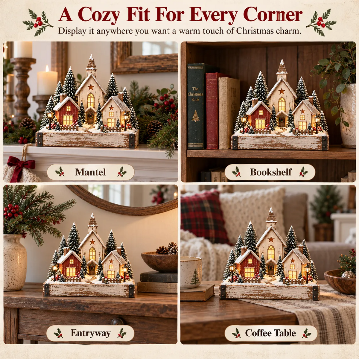 🎄✨ Lighted Farmhouse Christmas Village – Cozy LED Holiday Tabletop Decor