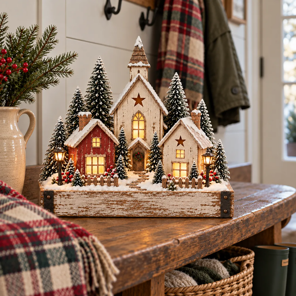🎄✨ Lighted Farmhouse Christmas Village – Cozy LED Holiday Tabletop Decor