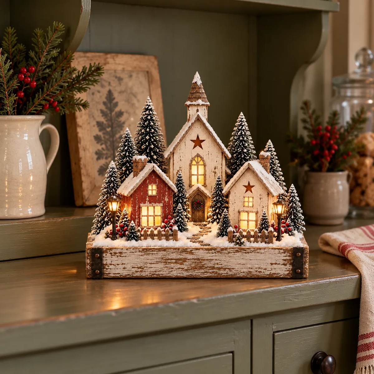 🎄✨ Lighted Farmhouse Christmas Village – Cozy LED Holiday Tabletop Decor