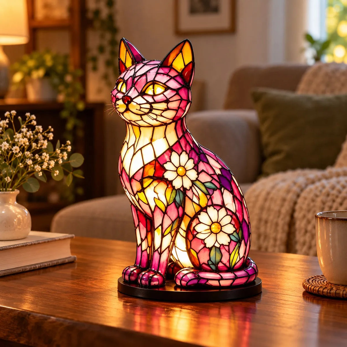 🌸🐱 Floral Mosaic Cat Lamp – A Warm Glow for Every Cat Lover’s Home
