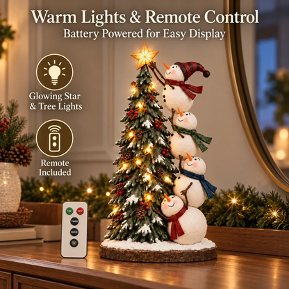 ☃️🎄 Snowmen Topping the Christmas Tree™ – Lighted Holiday Figurine with Remote Control