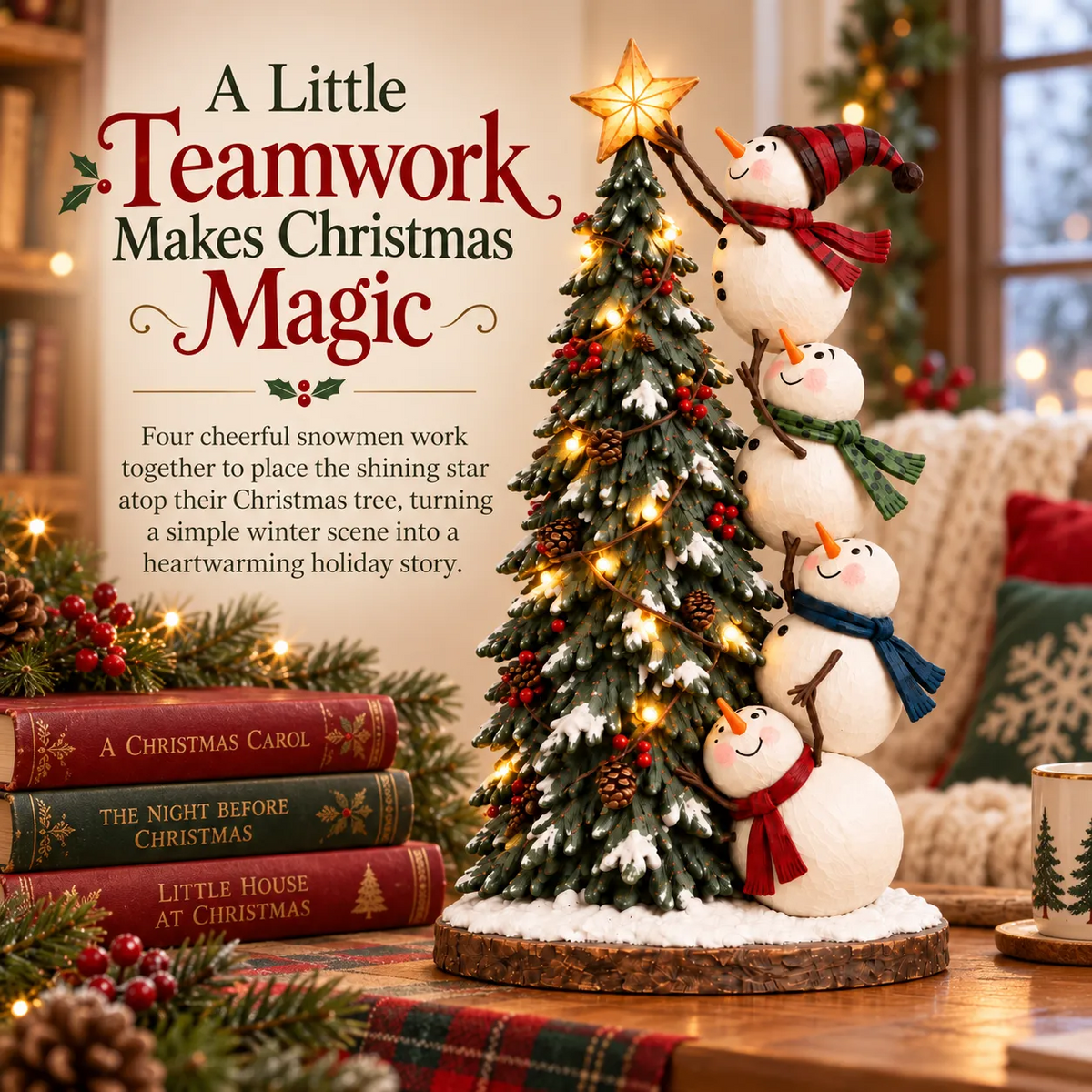 ☃️🎄 Snowmen Topping the Christmas Tree™ – Lighted Holiday Figurine with Remote Control