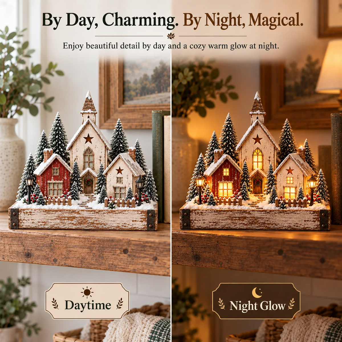 🎄✨ Lighted Farmhouse Christmas Village – Cozy LED Holiday Tabletop Decor