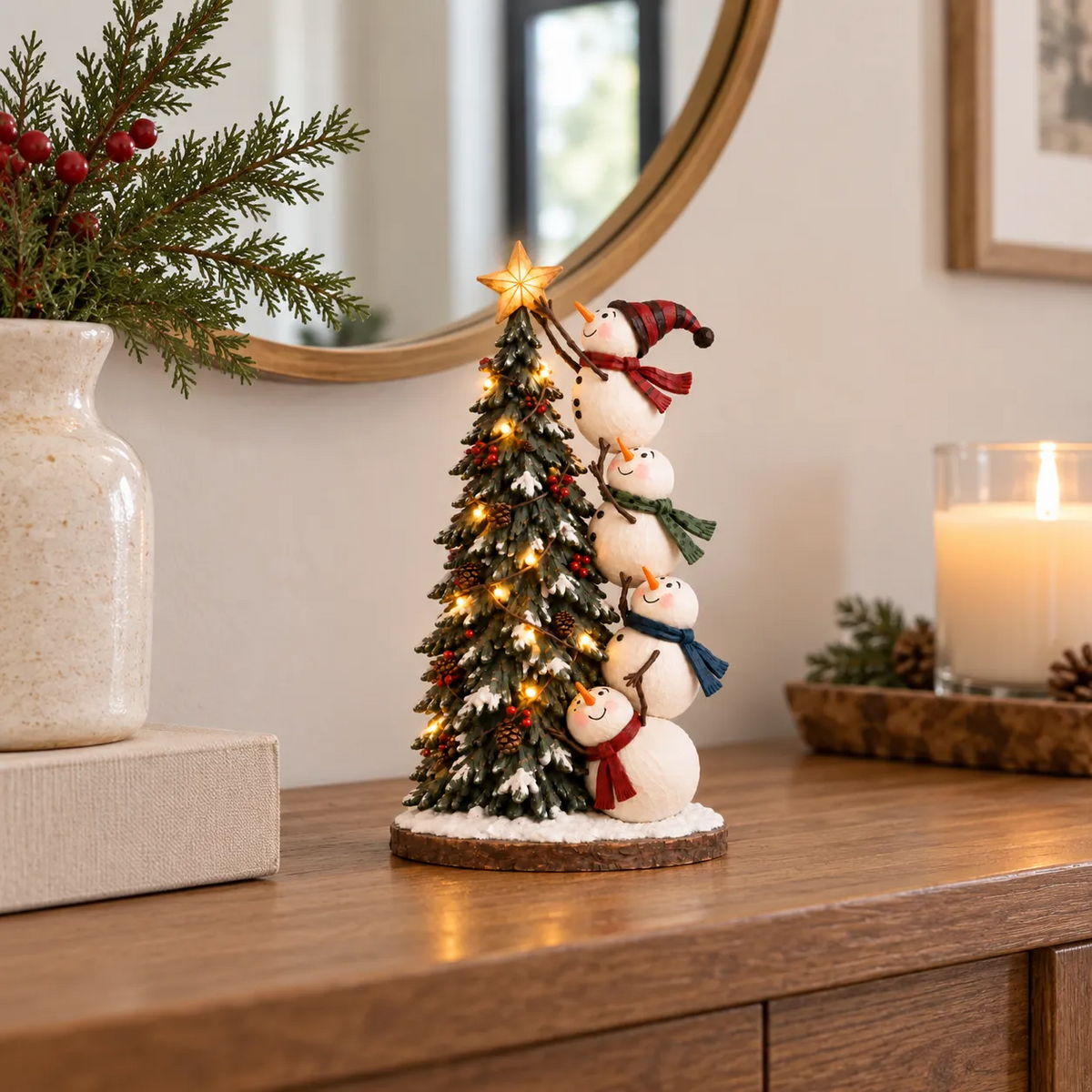 ☃️🎄 Snowmen Topping the Christmas Tree™ – Lighted Holiday Figurine with Remote Control