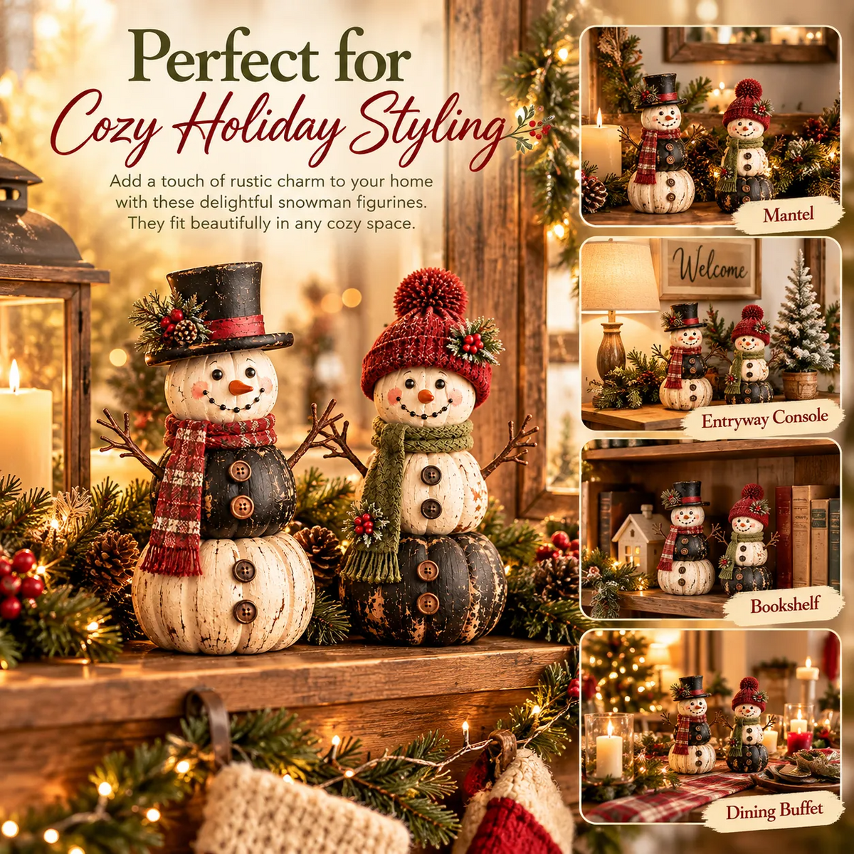 ☃️ Vintage Pumpkin Snowman Duo – Rustic Black & Ivory Farmhouse Christmas Figurines