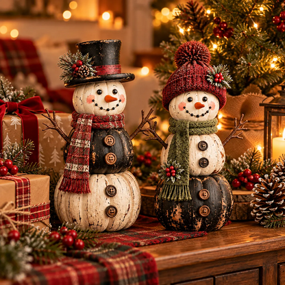 ☃️ Vintage Pumpkin Snowman Duo – Rustic Black & Ivory Farmhouse Christmas Figurines