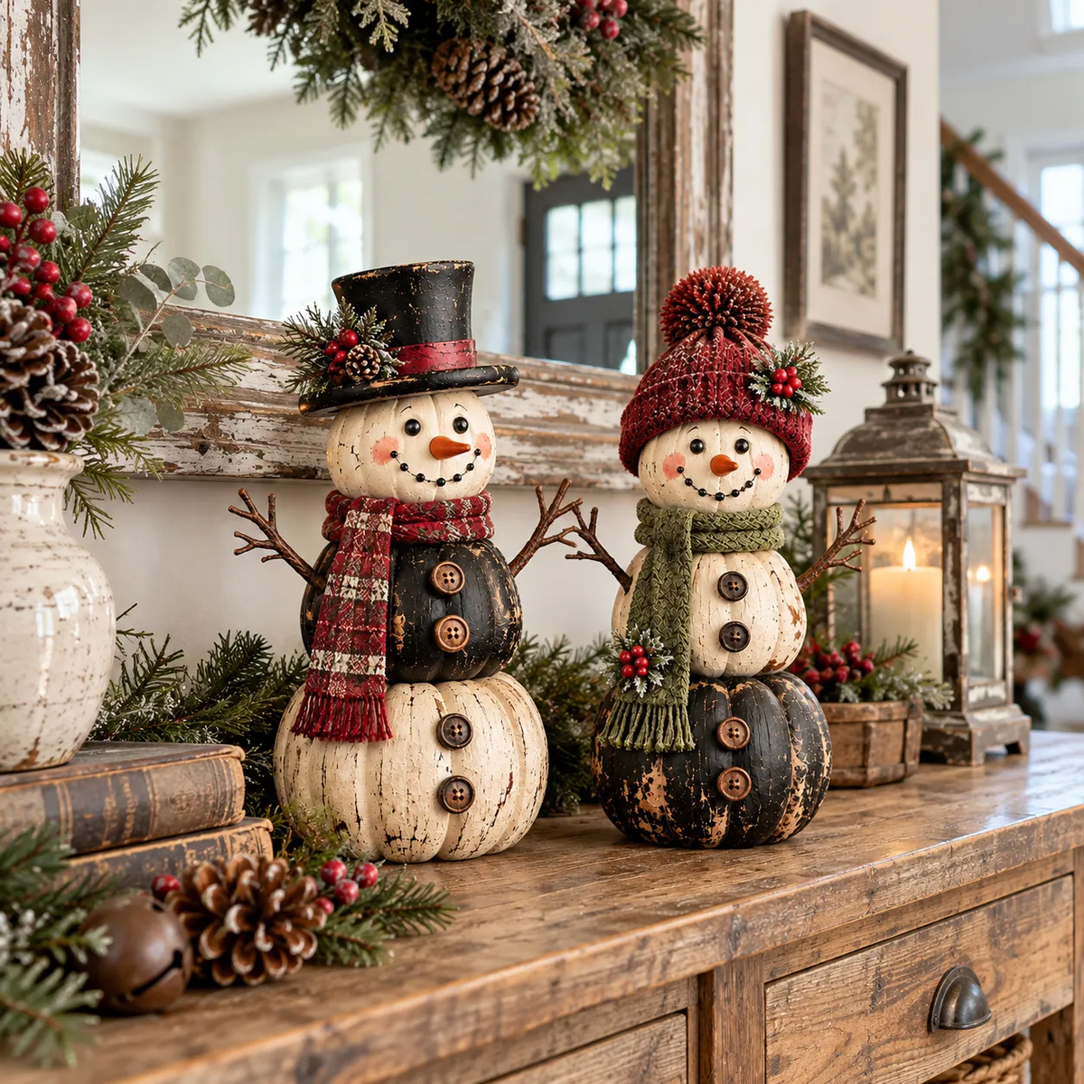 ☃️ Vintage Pumpkin Snowman Duo – Rustic Black & Ivory Farmhouse Christmas Figurines
