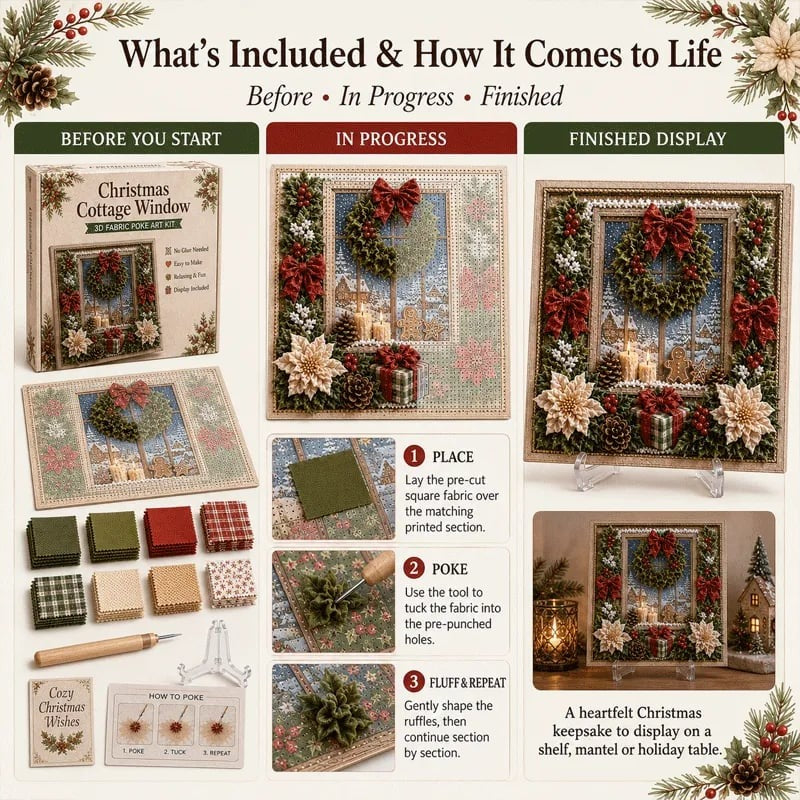 Fabric poke art kit components and finished display