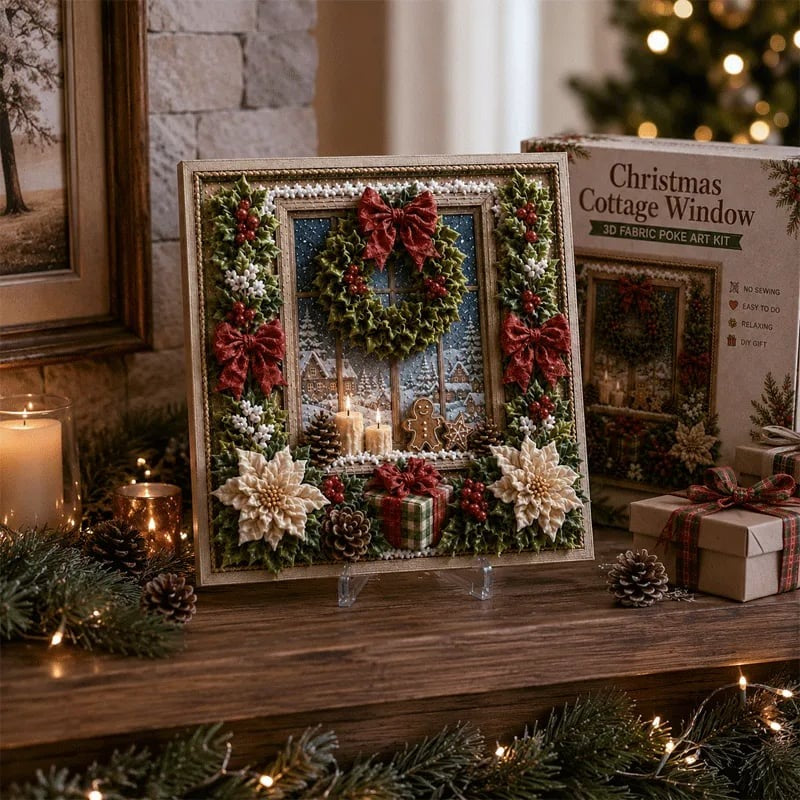 Finished Christmas cottage window fabric artwork displayed on a holiday mantel