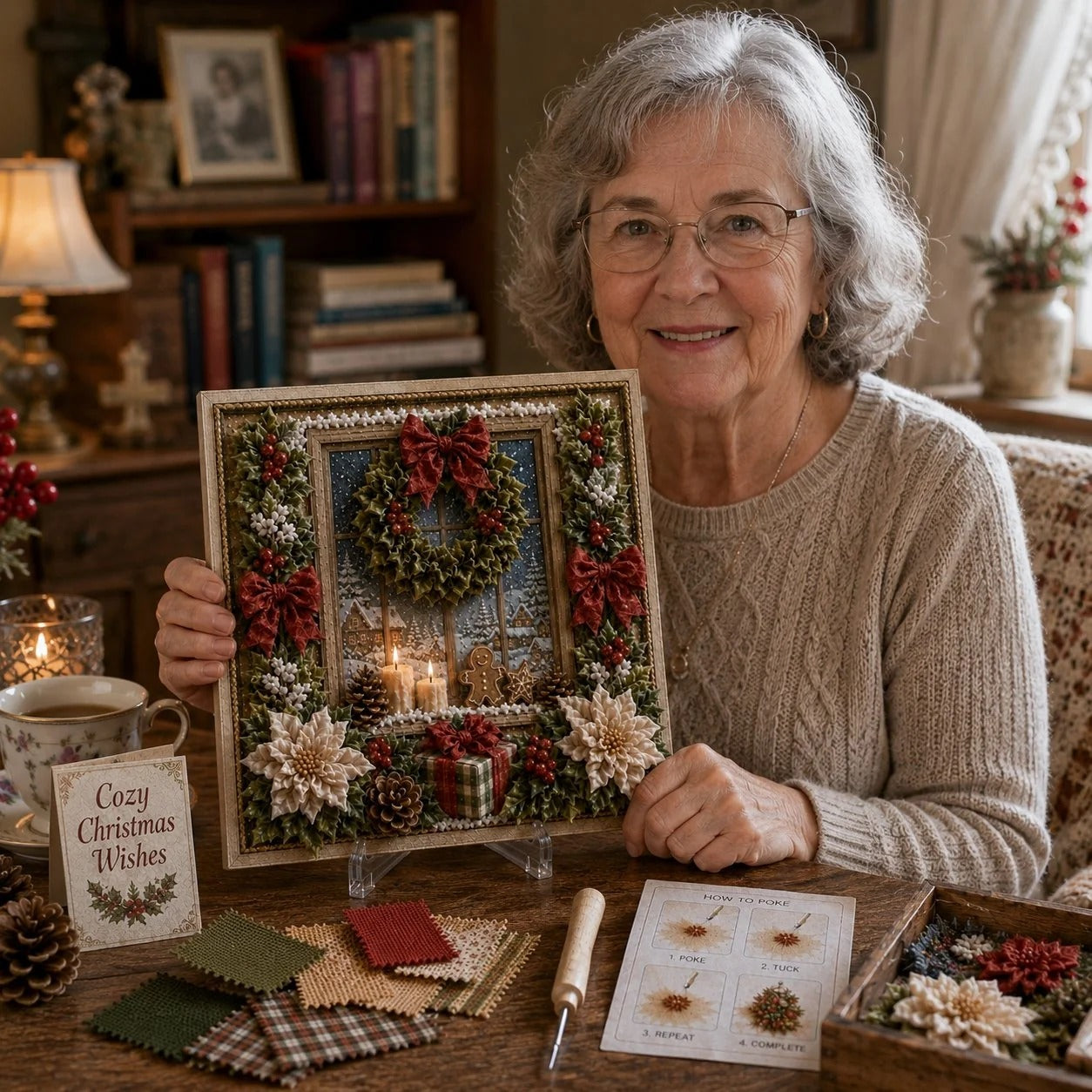 Woman proudly holding completed Christmas fabric poke art in a cozy room