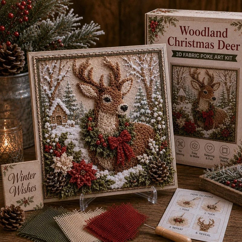 Woodland Christmas deer fabric poke art design