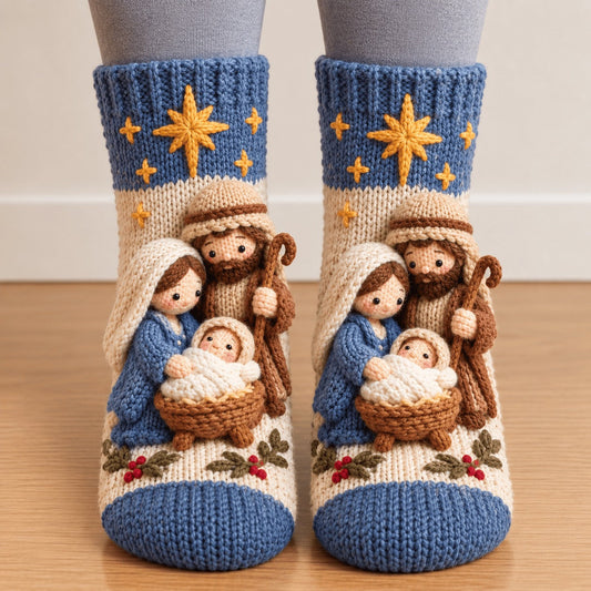 🧶✝️ 3D Knitted Nativity Socks-Cozy Nativity Holiday Wear