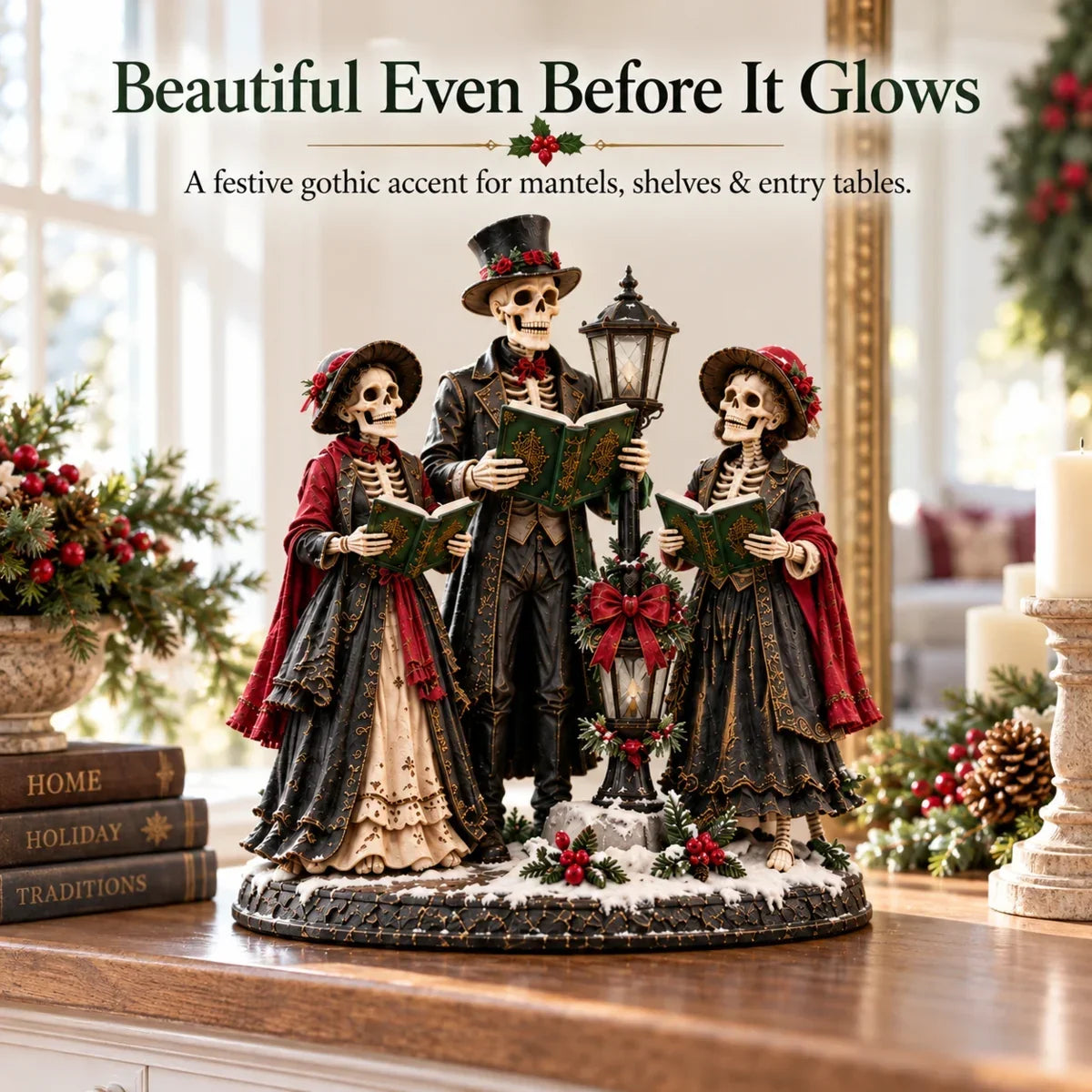 🕯️👻 Midnight Carol Spooky Christmas Figurines – 5 Lighted Gothic Holiday Designs