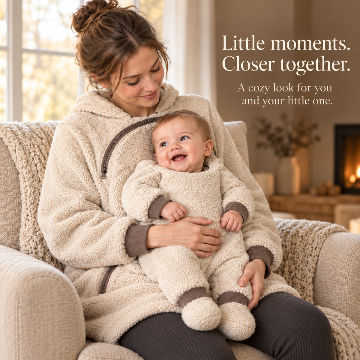 Seated mother supporting her baby while wearing the beige fleece hoodie