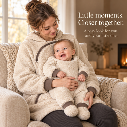 Seated mother supporting her baby while wearing the beige fleece hoodie
