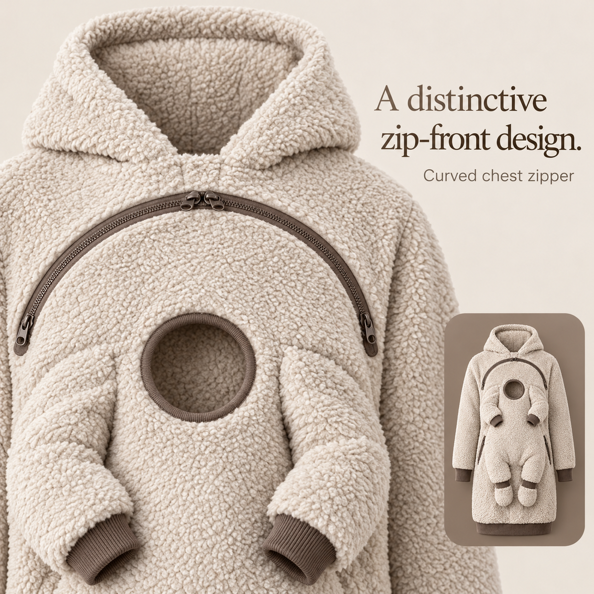 Curved chest zipper and integrated baby section detail