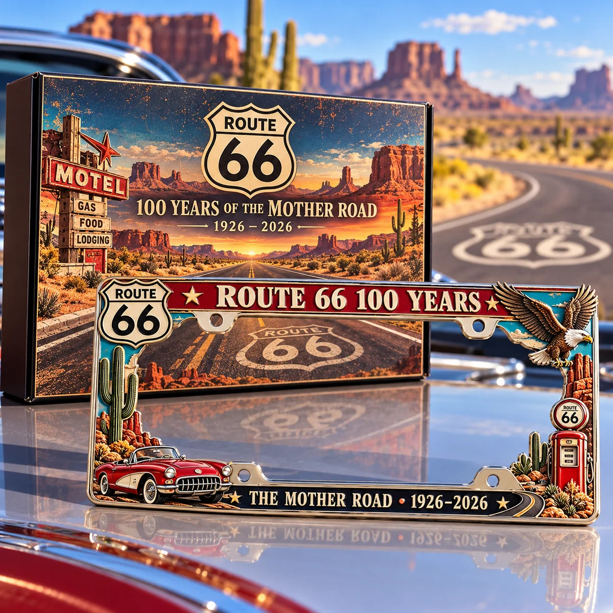 🚗 Mother Road 100 | Route 66 Centennial License Plate Frame