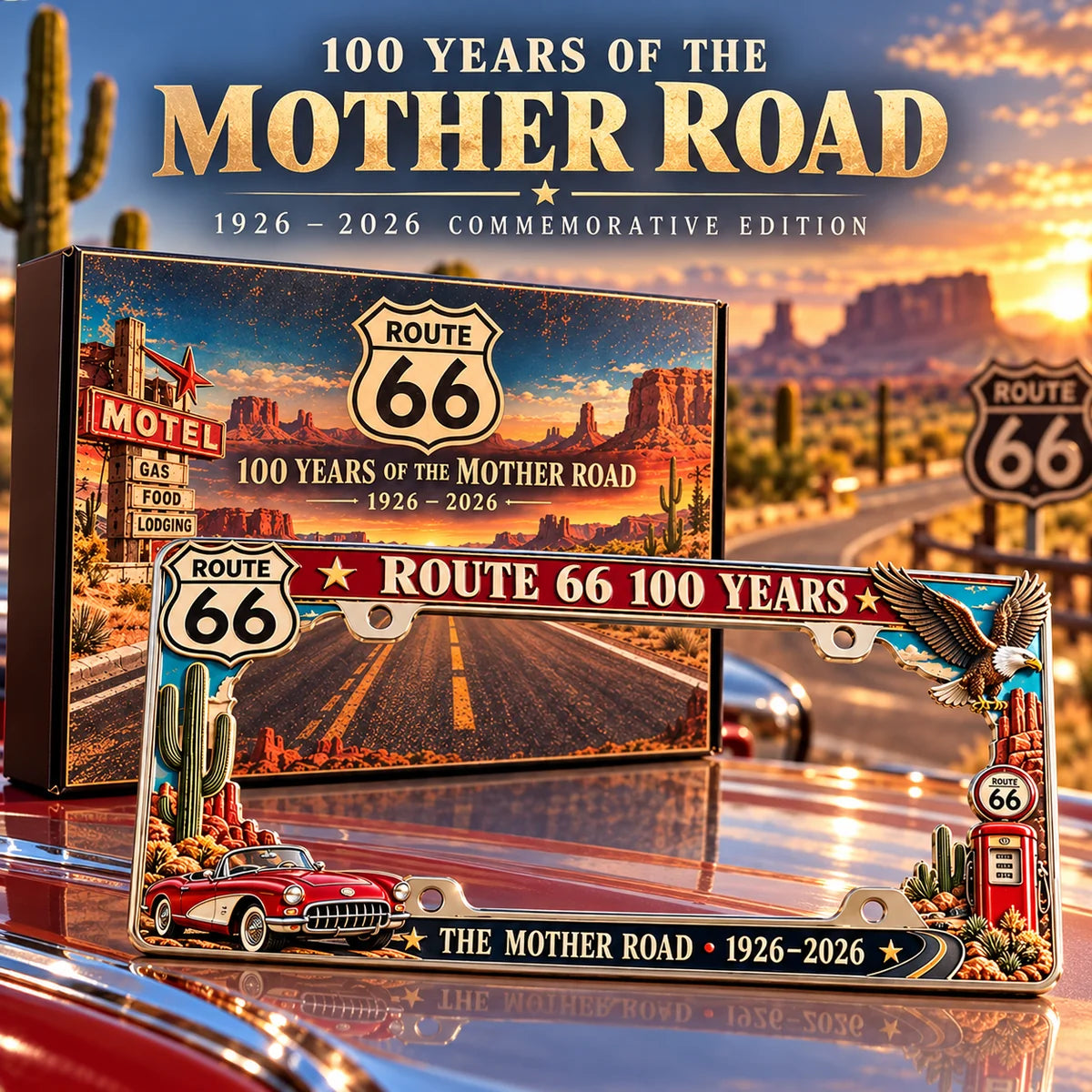 🚗 Mother Road 100 | Route 66 Centennial License Plate Frame