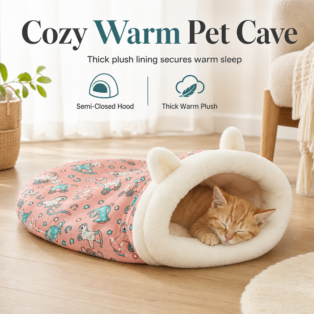 🐱🧸 SnuggleCave™ | Warm Hooded Winter Cat Bed